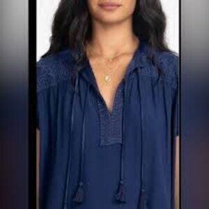 Johnny Was Calme Navy Embroidered Tassel-Tie Blouse 1x